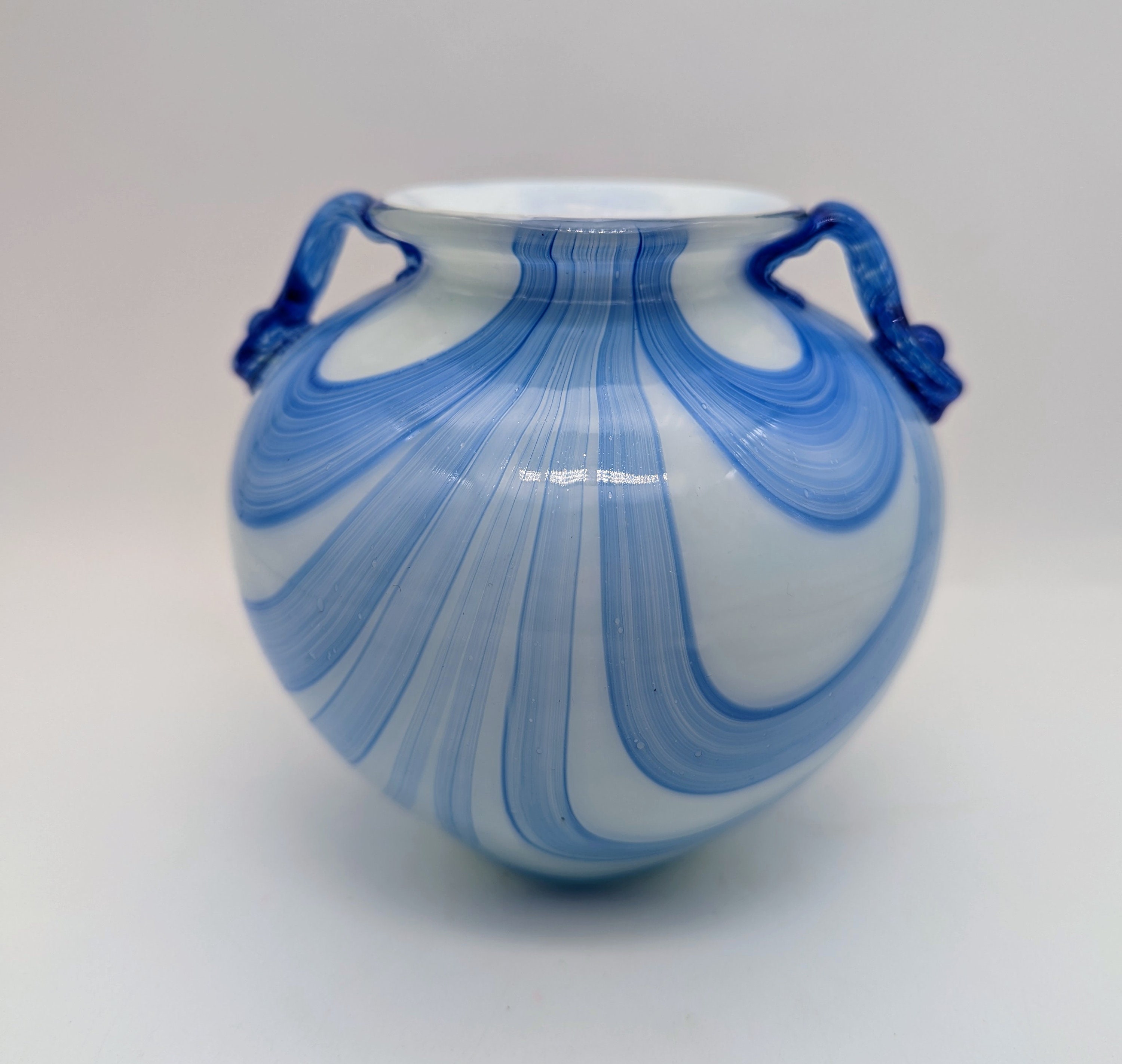 Hand Blown Blue Swirl Art Glass Vase With Applied Handles Etsy