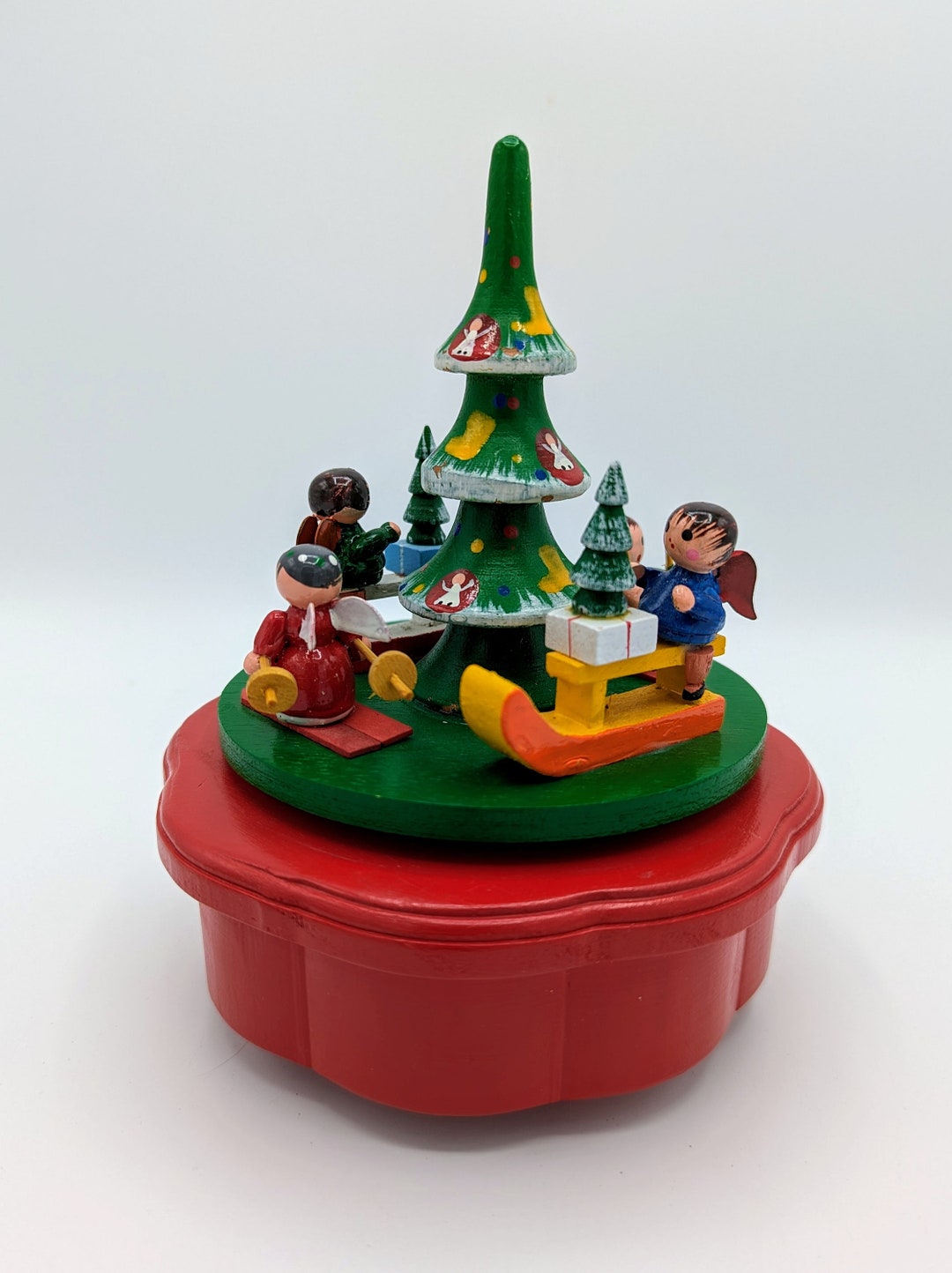 Vintage Hand Painted Wooden Angels Christmas Music Box Silent Night Etsy