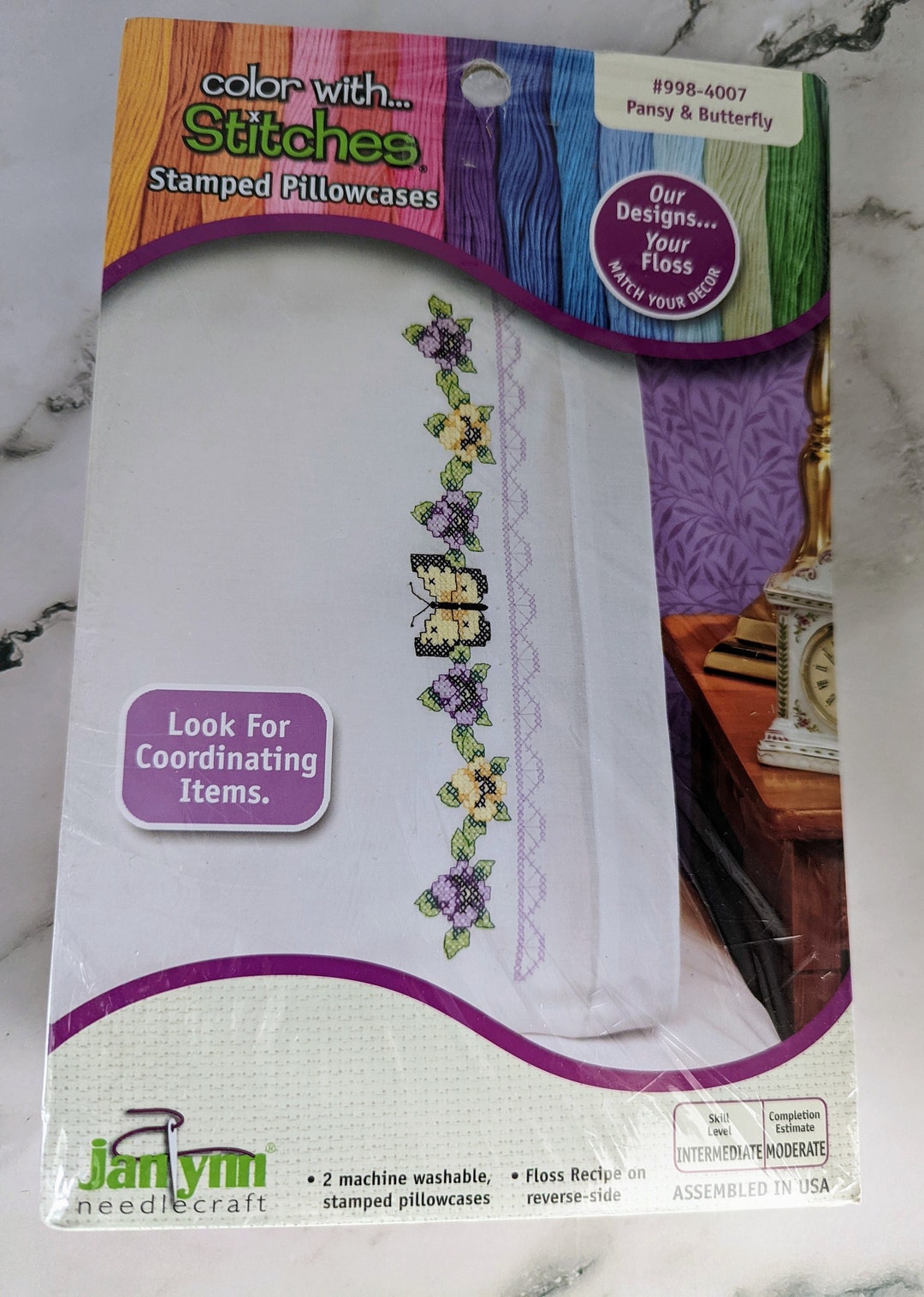 Janlynn Pansy and Butterfly Pkg of 2 Stamped Pillowcases to Embroider