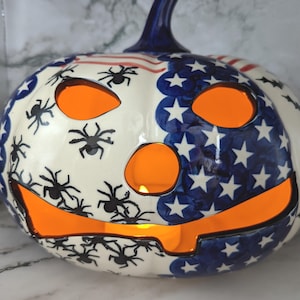 Polish Pottery Halloween Stars and Stripes Jack-o-Lantern 10" Tealight Luminary