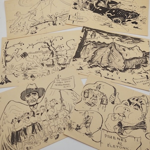 Vintage Set/6 Humorous Hungarian Hand Drawn Postcards