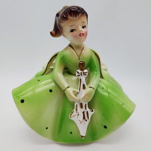 Vintage Rubens Ragazza in Abito Verde con Fioriera Ombrellone