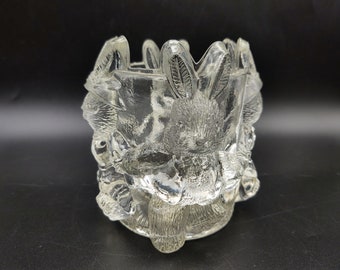 Vintage Pressed Clear Glass Bunnies Candle Votive Holder