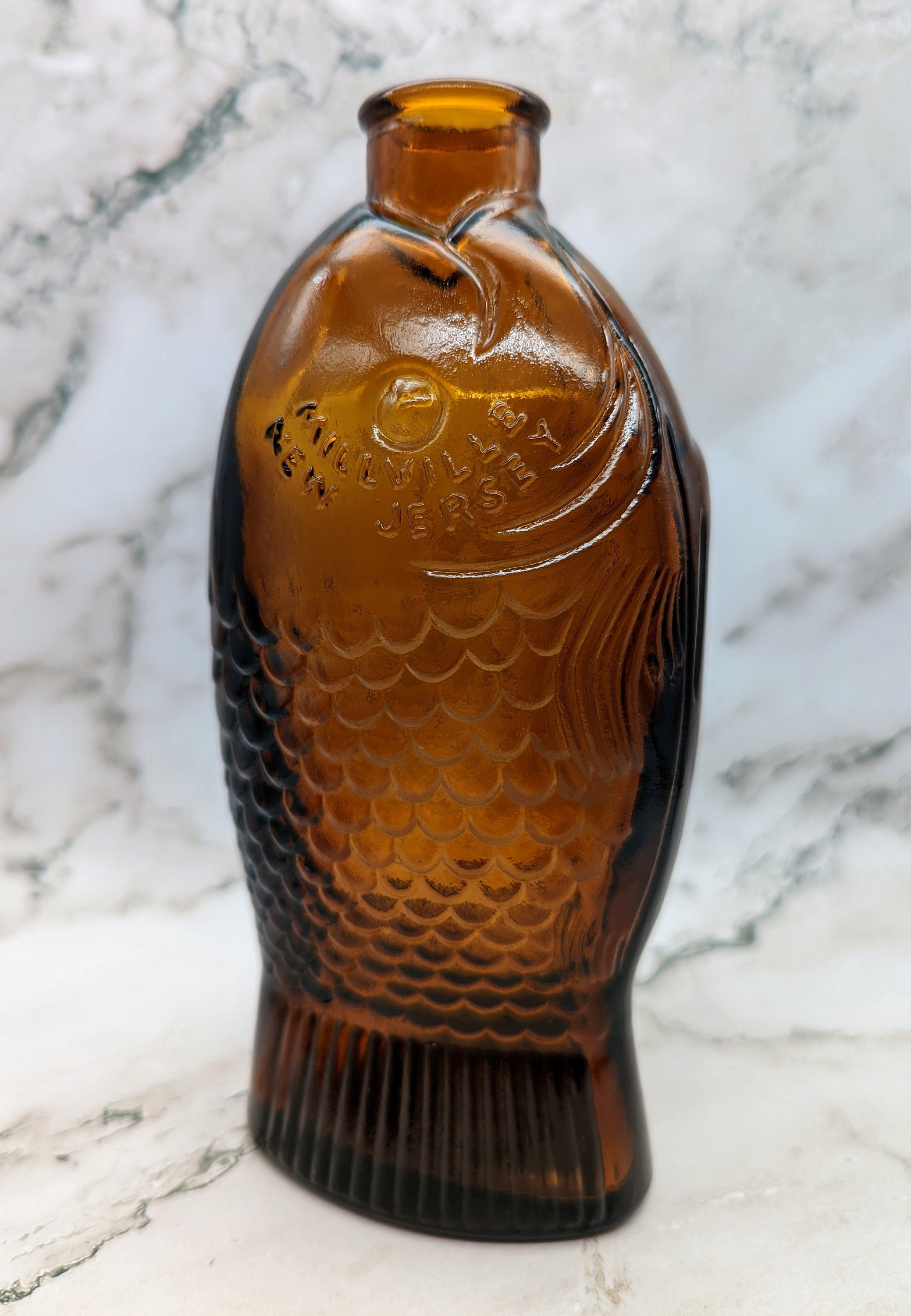 Vintage Dr Fischs Bitters Fish Shaped Wheaton Amber