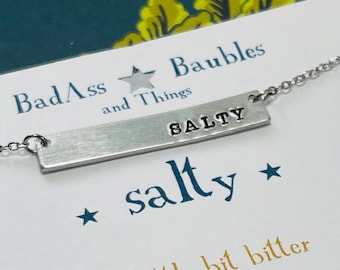 Salty Hand Stamped Necklace: Brushed Aluminum Bar, Stainless Steel Chain
