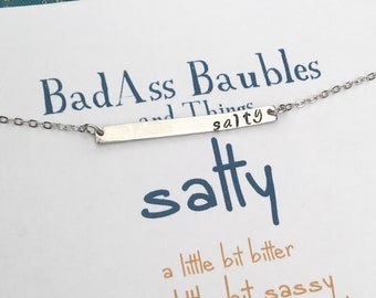 Salty Necklace • Dainty Handstamped Bar Necklace • Funny Gift for Best Friend • Salty Girl Jewelry • Birthday Gift • Layered Necklace