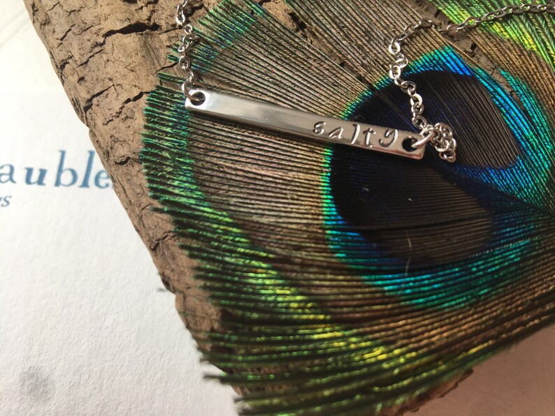 May include: A silver necklace with a bar pendant that says "salty" on a peacock feather background.