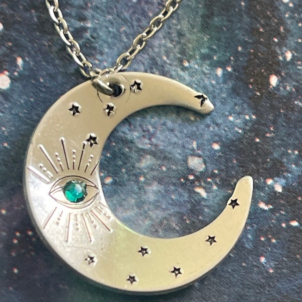 Gold crescent moon and stars necklace… handstamped jewelry… handmade gift… stars and moons