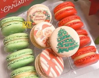 Printed Christmas French Macarons - 6, 12 or 24 - Winter Macaroons - Holiday Cookies, Christmas Party, Decorated Christmas Cookies, Gifts