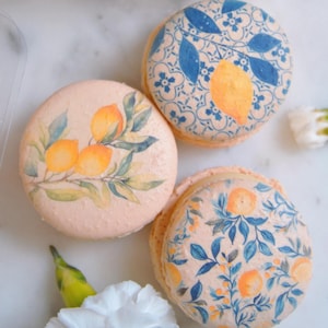 May include: A clear plastic box tied with a navy blue ribbon contains several macarons. Three decorated macarons with lemon and floral designs are displayed. The macarons are light pink with yellow and blue accents. The text "Izzy Macarons" is visible.