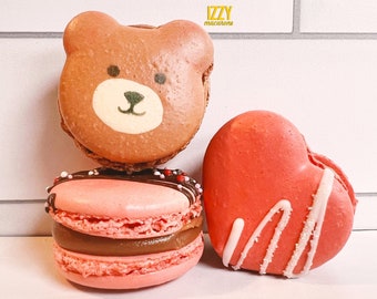 Valentine's Macarons - Bear, Heart, Chocolate Covered Strawberry - 6,12,24 French Macarons - Teddy Bear, Heart Macarons Valentine's Gift