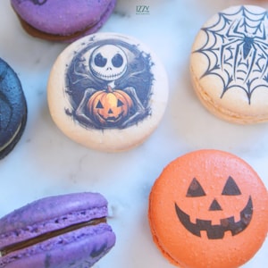 Halloween Macarons - Assorted Designs - 6/12/24 - Mummy, Pumpkin, Frankenstein, Ghost, Spider Web Halloween Cookies French Macaroons Edible
