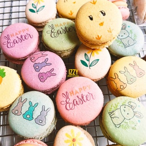 Easter French Macarons - 6,12,24 Pastel Colors - Assorted Prints/ Colors Easter Bunny Gift Box Macaroons Designs Egg Easter Cookies