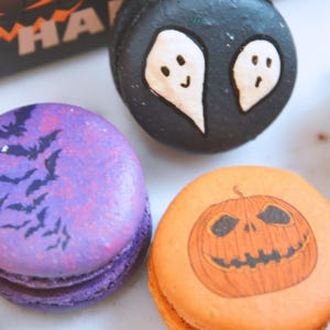 Halloween French Macarons Gifts - flat box of 4 and 6, 12- Halloween Party Cookies - Mummy, Ghosts, Eyeball, Spider Halloween Cookies