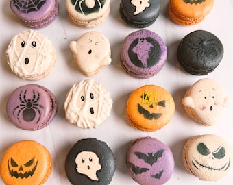 Halloween Macarons - Assorted designs - 6/12/24 - Flavors pre selected - Mummy, Ghosts, Halloween Stencils, Spider Halloween Cookies Macaro