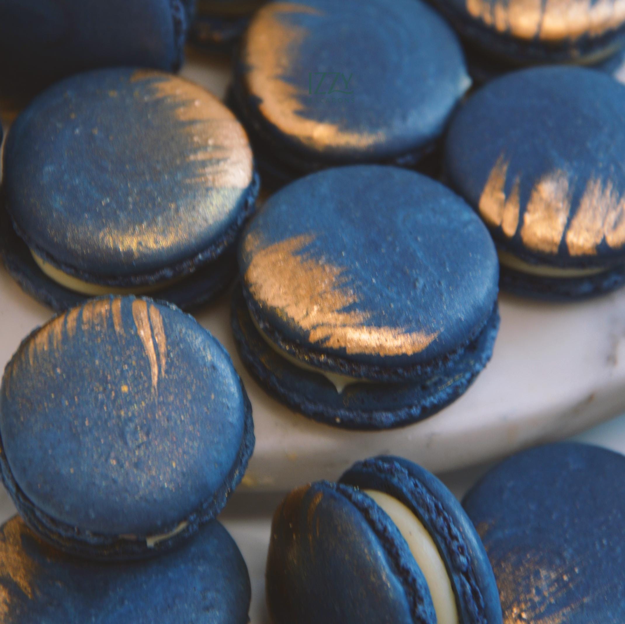 Navy Blue Macarons with Gold Splatter French Macarons - Choose your…