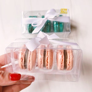 Party Macarons Favor Clear Box with 3 - Party Favor - Choose Color - Baby Shower/Kids Party/Weddings French Macaroons 12,24,36,48 Boxes