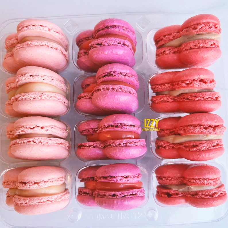 May include: A clear plastic container filled with pink and red macarons. The macarons are arranged in rows of two, with each macaron having a different filling.