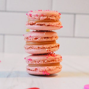 Strawberry Cream French Macarons - 6.12 or 24 - French Strawberry Flavor Macaroons - Valentine&#39;s Gifts Macarons