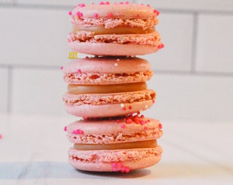 Strawberry Cream French Macarons  - 6,12 or 24 - French Strawberry Flavor Macaroons - Valentine's Gifts Macarons