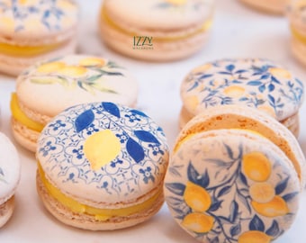Italian Blue Lemon Tile Flower Macarons - Spring Flower/ Wedding Flower - Amalfi Pattern Blue French - Choose Flavors - Baby Shower- GlutenF