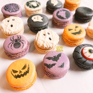 Assorted Designs - Halloween Macarons - 12/6/24 - Mummy, Blood, Frankenstein, Ghost, Spider Web Halloween Cookies French Macaroons Edible