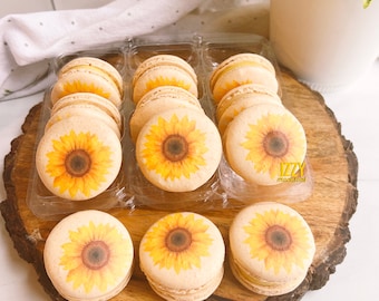Sunflower French Macarons - 12 or 24 - Flowers, sunflower Choose Flavor Macaroons - Cookies Macrons