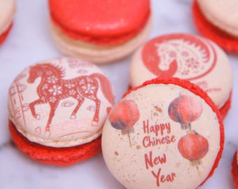 Horse French Macarons Year Of the Horse 2026 - Chinese New Year - Customized Box - Choose your flavors - Edible Macaroons - French Mac Red
