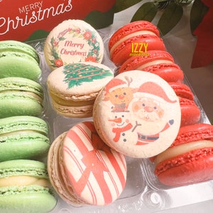 Christmas French Macarons Assorted Designs - 6,12 or 24 - Winter Holidays Macaroons - Red Velvet/ Vanilla/ Pistachio Merry ChristmasCookies
