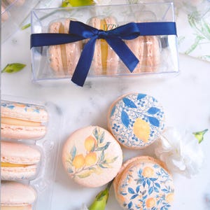 May include: A clear plastic box tied with a navy blue ribbon contains several peach-colored macarons. Some macarons are decorated with lemon and leaf designs. The macarons are displayed on a white marble surface.
