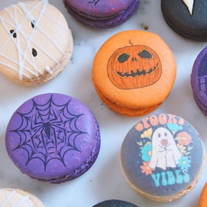 Halloween Macarons - 6/12/24 - Jack O Lantern Pumpkin, Blood, Frankenstein, Spider Web Halloween Cookies French Macaroons Edible