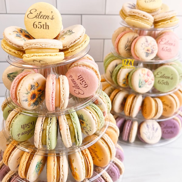 Customized French Macarons Tower - Macarons with Tower Stand included -  Add designs - BabyShower/Weddings/Birthday Party Plastic Tower