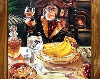 Original Monkey drinking wine /personalised gift/ animal art/ decoration / gift for him / wall art / singerie / monkey