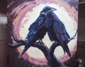 Raven and the moon/ crow / Raven / Oil Painting/ Handmade / Gift Ideas / Canvas Print / High Quality /  gift