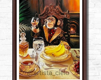 Print Monkey Drinking Wine High Quality Art Print. Handmade wooden frame. Canvas print. Stretched canvas print