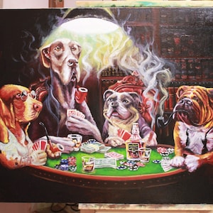 Perros jugando al póquer / Pintura al óleo original / IMPRESIÓN de lienzo de alta calidad / Sala de juegos / Regalo
