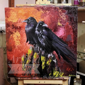 Hugin and Munin/ odin / Raven / Oil Painting/ Handmade / Gift Ideas / Canvas Print / High Quality / Halloween gift