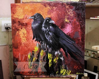 Hugin and Munin/ odin / Raven / Oil Painting/ Handmade / Gift Ideas / Canvas Print / High Quality / Halloween gift