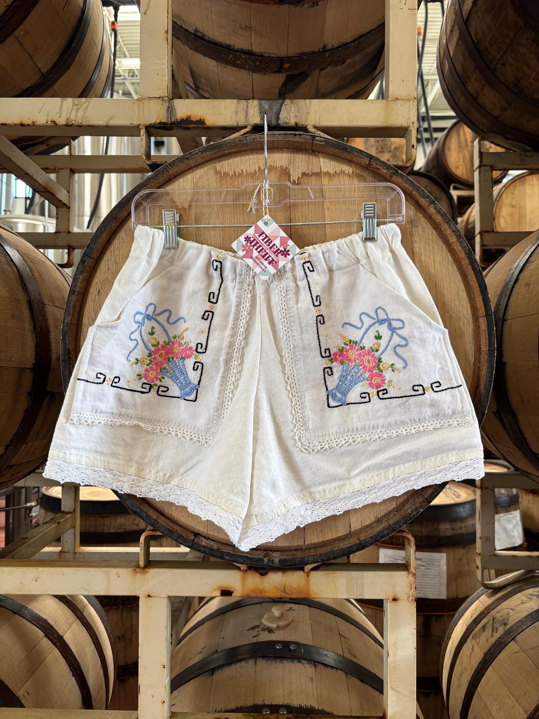 Women's white shorts, vintage embroidery, lace, florals, coquette