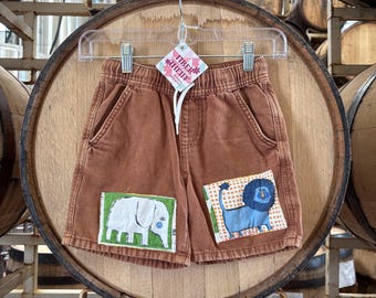 Boys upcycled denim brown shorts, vintage quilt appliqué