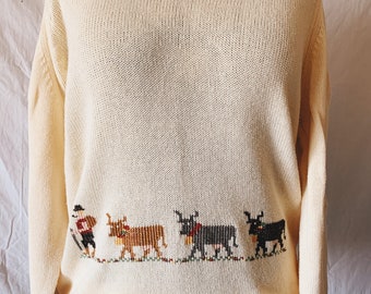 Vintage Brooks Brothers Sweater Cross Stitched Cows in Soft Yellow