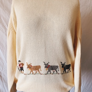 Vintage Brooks Brothers Sweater Cross Stitched Cows in Soft Yellow