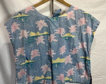 Vintage 70s Tie-Neck Blouse Hawaiian Print | Women's M