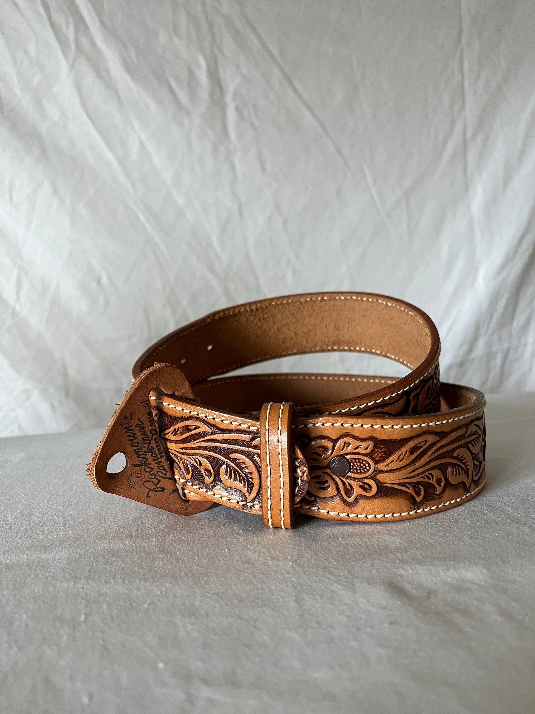 Rockmount Brown Tooled Leather Belts with Blue Roses