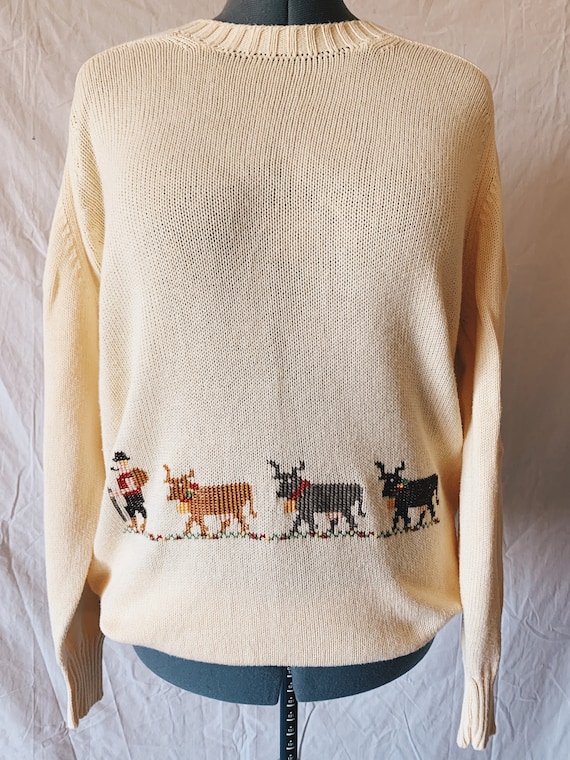Vintage Brooks Brothers Sweater Cross Stitched Cow