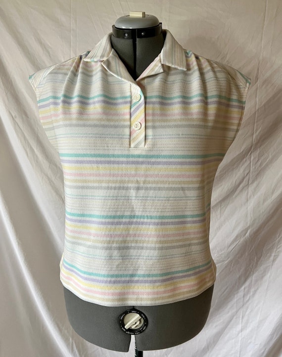 Pastel Striped Sleeveless Blouse | Vintage 70s | … - image 1