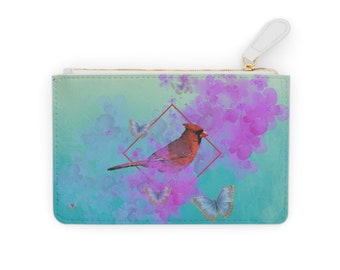 Cardinal and Butterfly Faux Leather Mini Clutch Bag