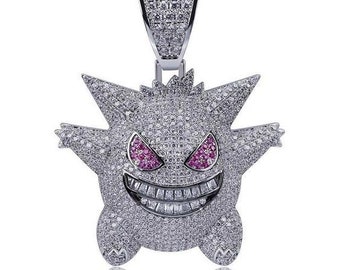 Sterling Silver 925 Fully Iced Out White Gold Plated Gengar Pendant