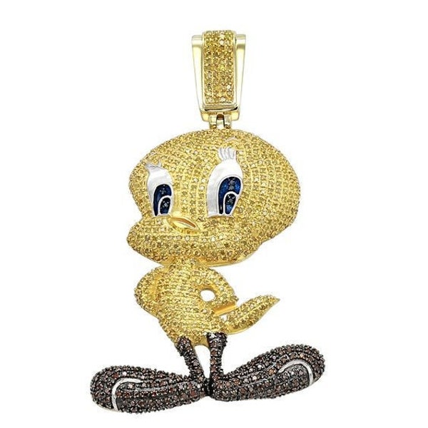 Yellow Gold Plated Fully Iced Out Tweety Bird Diamond Pendant Silver 925