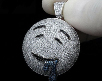 Silver Plated Emoji Drool Face Iced Pendant & 4mm 24 Rope Chain Hip Hop Rap Fashion